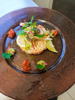 Tartare de saumon accompagné de petite touche de tomate et avocat, décoré de roquette et citron vert Assiette brune de tartare de saumon accompagné de petite touche de tomate et avocat